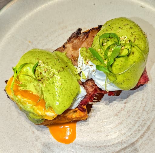 Eggs Benedict with Green Hollandaise and Bacon