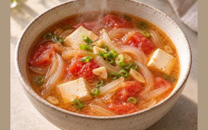 Garlic-Tomato Miso Soup with Soft Onions
